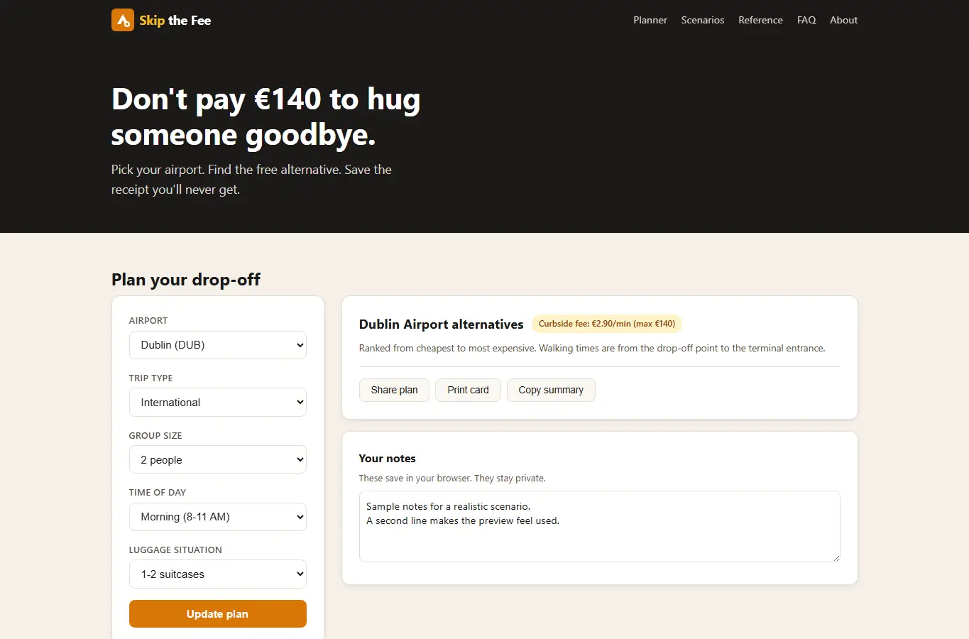 Screenshot of Airport Drop-Off Fee Skipper interface showing the project page in use